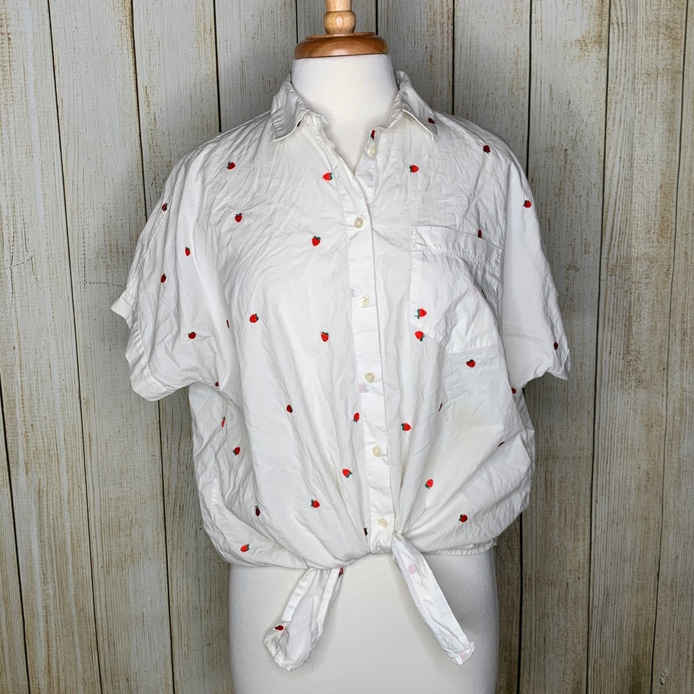 MADEWELL Strawberry Embroidered Tie Front Top - Picture 2 of 4